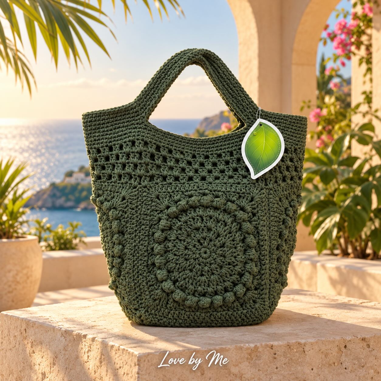 Bolsa de crochê verde oliva com alças artesanais